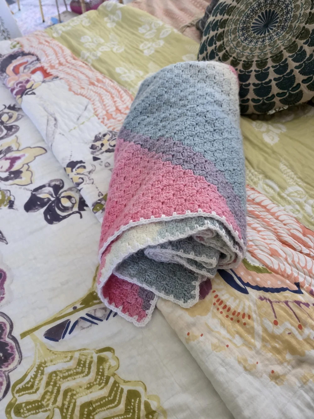 Handmade Striped Crochet Throw Blanket - Pink, Blue & White